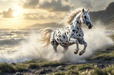 Primary subject: A white and black spotted horse running on the beach.

Setting/background: The horse is running on the beach, with the ocean in the background.

Visual style: The image is a photo of the horse running on the beach.

Colors and mood: The horse has a white and black spotted pattern, and the overall atmosphere is energetic and dynamic.