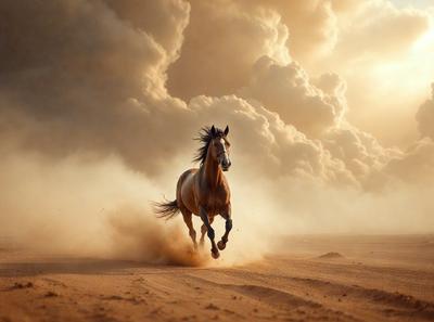 Primary subject: A horse running on a sandy surface.

Setting/background: The horse is running on a sandy beach, with a cloudy sky in the background.

Visual style: The image is a photo of the horse running on the sand.

Colors and mood: The image has a warm and natural color palette, with the sandy surface and cloudy sky creating a serene and peaceful atmosphere.