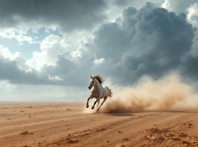 Primary subject: A white horse running on a dirt road.

Setting/background: The horse is running on a dirt road, with a cloudy sky in the background.

Visual style: The image is a photo of the horse running in the dirt.

Colors and mood: The dominant colors are brown and white, with a dusty and somewhat dramatic atmosphere.