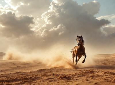 Primary subject: A horse running on a sandy surface.

Setting/background: The horse is running in a desert-like environment, with sand and a cloudy sky in the background.

Visual style: The image is a photo of the horse running in the sand.

Colors and mood: The dominant colors are brown and beige, with a sandy and dusty atmosphere. The mood of the image is energetic and dynamic, as the horse is in motion.