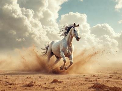Primary subject: A white horse running in the sand.

Setting/background: The horse is running on a sandy beach, with a cloudy sky in the background.

Visual style: The image is a photo of the horse running in the sand.

Colors and mood: The dominant colors are white and brown, with a sandy and cloudy atmosphere.