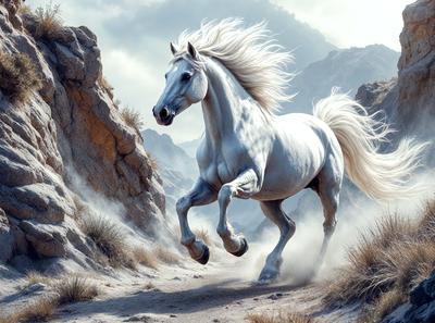 Primary subject: A white horse running on a dirt path.

Setting/background: The horse is running on a dirt path, with a mountain in the background.

Visual style: The image is a digital art or illustration of a white horse running.

Colors and mood: The image has a warm and natural color palette, with the white horse and the dirt path creating a sense of motion and freedom.