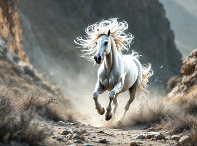 Primary subject: A white horse with long hair running down a dirt road.

Setting/background: The horse is running down a dirt road, with a mountain in the background.

Visual style: The image is a photo of the horse in motion.

Colors and mood: The image has a warm and natural color palette, with the white horse standing out against the dirt road and mountain backdrop.
