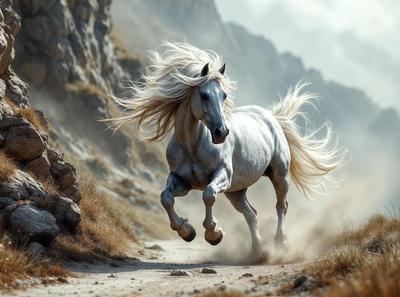 Primary subject: A white horse with blonde mane and tail, running down a dirt road.

Setting/background: The horse is running on a dirt road, with a mountain in the background.

Visual style: The image is a digital art illustration of a horse running.

Colors and mood: The image has a warm and natural color palette, with the white horse and the dirt road creating a sense of motion and freedom.