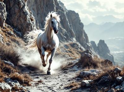 Primary subject: A white horse running on a dirt path.

Setting/background: The horse is running on a dirt path, surrounded by a mountainous landscape.

Visual style: The image is a photo of the horse running on the dirt path.

Colors and mood: The image has a sepia tone, giving it a warm and nostalgic atmosphere.
