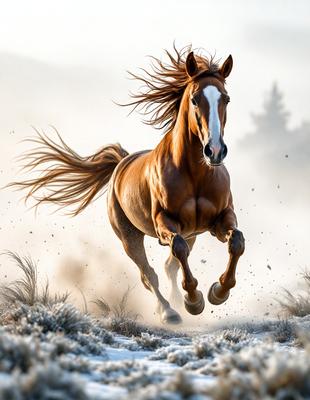 Primary subject: A brown horse with a white face running through the snow.

Setting/background: The horse is running through a snowy field, with a tree in the background.

Visual style: The image is a photo of the horse in motion.

Colors and mood: The dominant colors are brown and white, with a cold and snowy atmosphere.