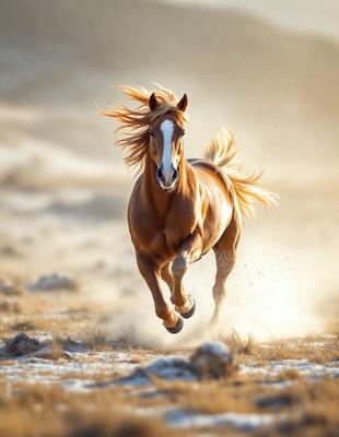 Primary subject: A brown horse with blonde mane and tail, running in a field.

Setting/background: The horse is running in a field with dry grass, and there is a dust cloud behind it.

Visual style: The image is a photo of the horse in motion.

Colors and mood: The dominant colors are brown and blonde, with a dusty and dry atmosphere.