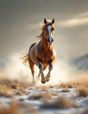 Primary subject: A brown horse running in the dirt.

Setting/background: The horse is running in a field with a dusty surface.

Visual style: The image is a photo of the horse in motion.

Colors and mood: The dominant colors are brown and orange, with a dusty and dynamic atmosphere.
