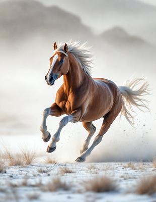 Primary subject: A brown horse running in the dirt.

Setting/background: The horse is running in a dusty field, with a mountain in the background.

Visual style: The image is a photo of the horse in motion.

Colors and mood: The dominant colors are brown and white, with a dusty and somewhat dramatic atmosphere.