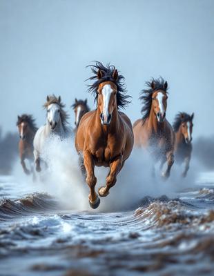 Primary subject: A group of horses running through water.

Setting/background: The scene takes place in a body of water, with the horses running through it.

Visual style: The image is a photo of the horses running through the water.

Colors and mood: The image has a vibrant and dynamic mood, with the horses' movement and the water's flow creating a sense of energy and excitement.