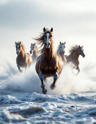 Primary subject: A group of horses running through the snow.

Setting/background: The scene takes place in a snowy environment, with the horses running through the snow.

Visual style: The image is a photo of the horses running in the snow.

Colors and mood: The dominant colors in the image are white and gray, representing the snowy environment. The overall atmosphere is energetic and dynamic, as the horses are running and enjoying the winter landscape.