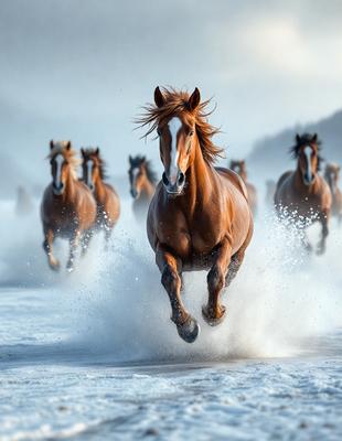 Primary subject: A brown horse running through the snow.

Setting/background: The horse is running through a snowy field, with a mountainous background.

Visual style: The image is a photo of the horse in motion.

Colors and mood: The dominant colors are white and brown, with a cold and snowy atmosphere.