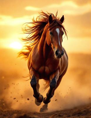 Primary subject: A brown horse with a mane flying in the air.

Setting/background: The horse is running in a field with a sunset in the background.

Visual style: The image is a photo of the horse in motion.

Colors and mood: The dominant colors are orange and yellow, creating a warm and vibrant atmosphere.