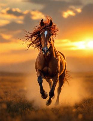 Primary subject: A brown horse with a mane of red hair running in a field.

Setting/background: The horse is running in a field with a sunset in the background.

Visual style: The image is a photo of the horse running in the field.

Colors and mood: The dominant colors are orange and red, with a warm and vibrant atmosphere.