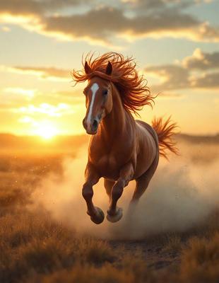 Primary subject: A brown horse with a mane of red hair, running in a field.

Setting/background: The horse is running in a field with a sunset in the background.

Visual style: The image is a photo of the horse in motion.

Colors and mood: The dominant colors are orange and brown, with a warm and energetic atmosphere.