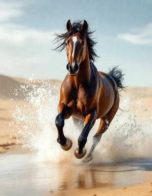 Primary subject: A brown horse running through water.

Setting/background: The horse is running through a body of water, which could be a river or a lake.

Visual style: The image is a photo of the horse running through the water.

Colors and mood: The image has a vibrant and dynamic mood, with the brown horse and the water creating a sense of motion and energy.