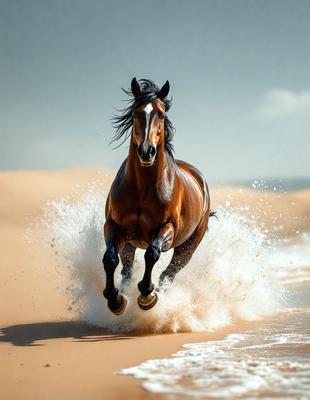 Primary subject: A brown horse running through water.

Setting/background: The horse is running on a beach, with water splashing around it.

Visual style: The image is a photo of the horse in motion.

Colors and mood: The image has a vibrant and energetic atmosphere, with the brown horse and the water creating a dynamic scene.