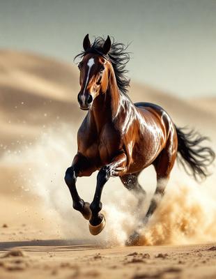 Primary subject: A brown horse running in the desert.

Setting/background: The horse is running on a sandy surface, with a desert-like environment in the background.

Visual style: The image is a photo of the horse in motion.

Colors and mood: The dominant colors are brown and beige, with a warm and natural atmosphere.