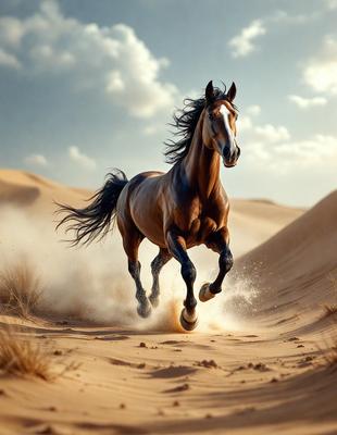 Primary subject: A brown horse running on a sandy surface.

Setting/background: The horse is running in a desert-like environment, with sand and a cloudy sky in the background.

Visual style: The image is a photo of the horse in motion.

Colors and mood: The dominant colors are brown and beige, with a sandy and dusty atmosphere. The mood of the image is energetic and dynamic, as the horse is captured in motion.