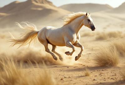 Primary subject: A white horse running in a desert.

Setting/background: The horse is running in a desert environment, with sand and a dusty surface visible.

Visual style: The image is a photo of the horse in motion.

Colors and mood: The dominant colors are shades of brown and beige, with the horse's white color standing out against the desert backdrop. The overall atmosphere is dynamic and energetic, as the horse is captured in motion.