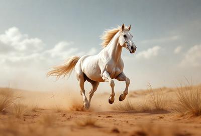 Primary subject: A white horse running in a desert.

Setting/background: The horse is running on a sandy surface, with a dusty trail behind it. The environment is a desert landscape.

Visual style: The image is a digital artwork, featuring a white horse in motion.

Colors and mood: The image has a warm and dusty atmosphere, with the primary colors being brown and white.