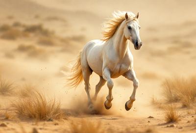 Primary subject: A white horse running in a sandy area.

Setting/background: The horse is running in a desert-like environment, with sand and a dusty atmosphere.

Visual style: The image is a photo of the horse in motion.

Colors and mood: The dominant colors are brown and beige, with a dusty and sandy atmosphere. The mood of the image is energetic and dynamic, as the horse is captured in motion.