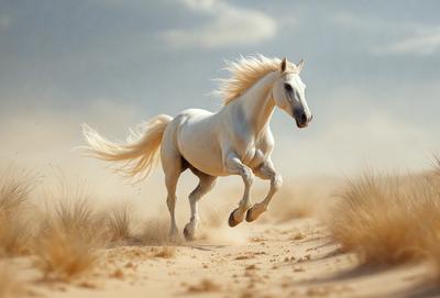 Primary subject: A white horse running in a desert-like environment.

Setting/background: The horse is running on a sandy surface, which suggests a desert-like setting.

Visual style: The image is a digital art or illustration, showcasing the horse in motion.

Colors and mood: The image has a warm and natural color palette, with the white horse standing out against the sandy background.