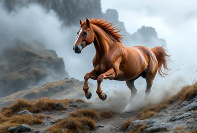 Primary subject: A brown horse running on a dirt path.

Setting/background: The horse is running on a dirt path, with a mountain in the background.

Visual style: The image is a photo of the horse in motion.

Colors and mood: The dominant colors are brown and orange, with a dusty and dynamic atmosphere.