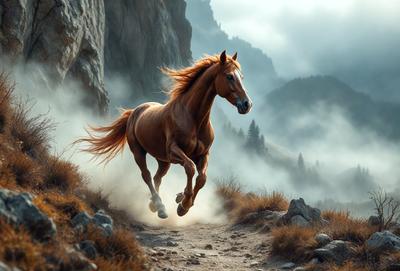 Primary subject: A brown horse running on a dirt path.

Setting/background: The horse is running through a mountainous area with a rocky terrain.

Visual style: The image is a digital art illustration.

Colors and mood: The dominant colors are brown and orange, creating a warm and natural atmosphere.