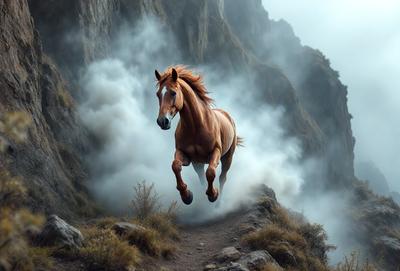 Primary subject: A brown horse with a mane flying through the air.

Setting/background: The horse is running through a mountainous area, with a rocky terrain and a foggy atmosphere.

Visual style: The image is a photo of the horse in motion.

Colors and mood: The dominant colors are brown and gray, with the fog adding a sense of mystery and drama to the scene.