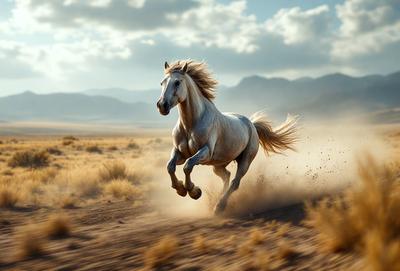 Primary subject: A horse running in a field.

Setting/background: A field with mountains in the background.

Visual style: A photo of the horse running.

Colors and mood: The image is in black and white, giving it a classic and timeless feel.