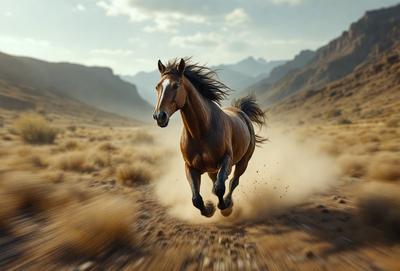 Primary subject: A brown horse running on a dirt road.

Setting/background: The horse is running on a dirt road, with mountains in the background.

Visual style: The image is a photo of the horse running.

Colors and mood: The image has a warm and natural color palette, with the brown horse and the dirt road creating a sense of motion and energy.