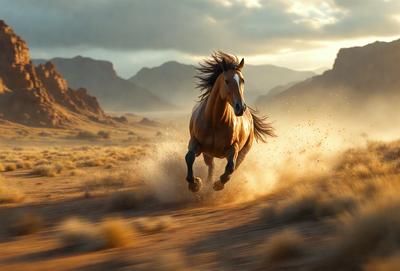 Primary subject: A brown horse running in a desert-like environment.

Setting/background: The horse is running on a dirt road, with mountains in the background.

Visual style: The image is a photo of the horse in motion.

Colors and mood: The image has a warm and natural color palette, with the brown horse and the desert landscape creating a sense of freedom and adventure.
