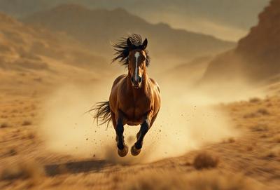Primary subject: A brown horse running on a dirt road.

Setting/background: The horse is running on a dirt road, with mountains visible in the background.

Visual style: The image is a photo of the horse running.

Colors and mood: The image has a warm and natural color palette, with the brown horse and the dirt road creating a sense of movement and energy.