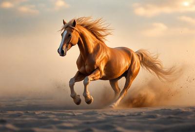 Primary subject: A brown horse running on the sand.

Setting/background: The horse is running on a sandy beach.

Visual style: The image is a photo of the horse running on the sand.

Colors and mood: The dominant colors are brown and orange, with a warm and energetic atmosphere.