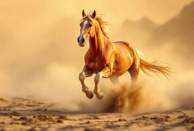 Primary subject: A brown horse running on the sand.

Setting/background: A sandy beach or desert environment.

Visual style: A photo of the horse in motion.

Colors and mood: The image is in sepia tone, giving it a warm and nostalgic atmosphere.