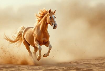 Primary subject: A brown horse running in the sand.

Setting/background: A desert-like environment with sand and dust.

Visual style: A photo of the horse in motion.

Colors and mood: The image is in sepia tone, giving it a warm and nostalgic atmosphere.