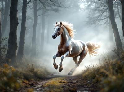 Primary subject: A white horse running through a forest.

Setting/background: The horse is running through a forest with trees and fog in the background.

Visual style: The image is a digital art or illustration of the horse running through the forest.

Colors and mood: The image has a dark and moody atmosphere, with the horse's white color contrasting against the darker elements of the forest.