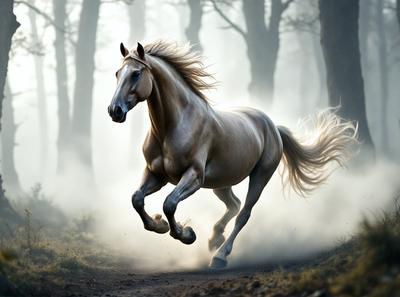 Primary subject: A horse running through a forest.

Setting/background: The horse is running through a forest with trees and dirt.

Visual style: The image is a digital art or illustration of a horse running through the woods.

Colors and mood: The image has a warm and natural color palette, with the horse's coat and the surrounding forest elements. The mood is energetic and dynamic, as the horse is captured in motion.