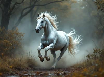 Primary subject: A white horse with blonde hair running through a forest.

Setting/background: The horse is running through a forest with trees and leaves surrounding it.

Visual style: The image is a photo of the horse in motion.

Colors and mood: The horse is white, and the forest has a mix of green and brown colors, creating a natural and serene atmosphere.