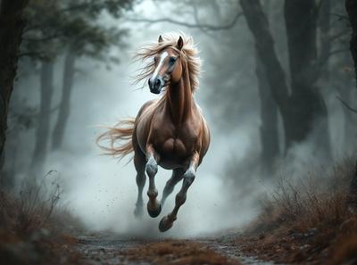 Primary subject: A brown horse with blonde hair running through a forest.

Setting/background: The horse is running through a forest, with trees and possibly a foggy atmosphere.

Visual style: The image is a black and white photo.

Colors and mood: The dominant colors are black and white, giving the image a classic and timeless feel. The mood of the image is energetic and dynamic, as the horse is captured in motion.