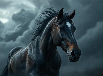 Primary subject: A horse with a white stripe on its face.

Setting/background: A dark, cloudy sky.

Visual style: A black and white photo.

Colors and mood: The image has a moody and dramatic atmosphere, with the horse standing against the dark sky.