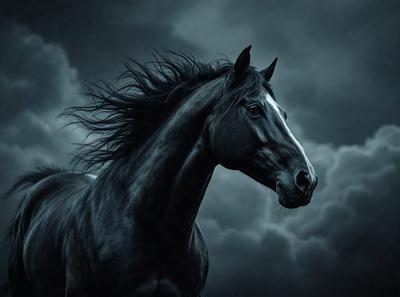 Primary subject: A black horse with a white face.

Setting/background: The horse is standing in front of a dark, cloudy sky.

Visual style: The image is a black and white photo.

Colors and mood: The dominant colors are black and white, creating a moody and dramatic atmosphere.