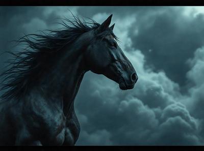 Primary subject: A black horse with a flowing mane.

Setting/background: The horse is standing in front of a cloudy sky.

Visual style: The image is a digital art or illustration.

Colors and mood: The dominant colors are black and gray, with a somewhat moody atmosphere.