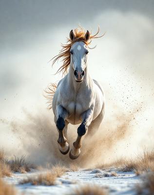 Primary subject: A white horse with a mane of orange hair.

Setting/background: A dusty field with a cloudy sky.

Visual style: A photo of the horse in motion.

Colors and mood: The horse has a white coat with orange hair, and the overall atmosphere is dynamic and energetic.