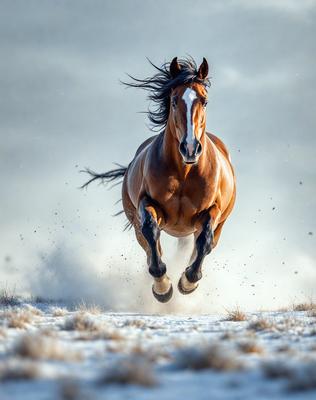 Primary subject: A brown horse running in the snow.

Setting/background: The horse is running through a snowy field, with a cloudy sky in the background.

Visual style: The image is a photo of the horse in motion.

Colors and mood: The dominant colors are brown and white, with a cold and snowy atmosphere.