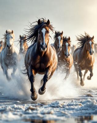 Primary subject: A brown horse running in the snow.

Setting/background: The horse is running through a snowy field, with other horses in the background.

Visual style: The image is a photo of the brown horse running in the snow.

Colors and mood: The dominant colors are white and brown, with a cold and snowy atmosphere.
