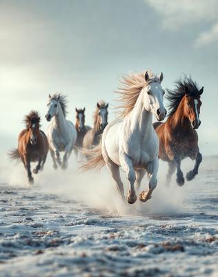 Primary subject: A group of horses running in the snow.

Setting/background: The scene takes place in a snowy field, with the horses running and enjoying the winter weather.

Visual style: The image is a photo of the horses in motion.

Colors and mood: The dominant colors in the image are white and gray, representing the snowy environment. The overall atmosphere is energetic and dynamic, as the horses are running and enjoying their time in the snow.