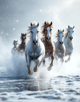 Primary subject: A group of white and brown horses running through the snow.

Setting/background: The scene takes place in a snowy environment, with the horses running through the snow.

Visual style: The image is a photo of the horses running in the snow.

Colors and mood: The dominant colors in the image are white and brown, with the snow adding a cold and wintry atmosphere.