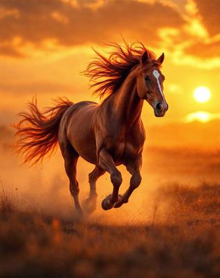 Primary subject: A brown horse with a white face running in a field.

Setting/background: The horse is running in a field with a sunset in the background.

Visual style: The image is a photo of the horse in motion.

Colors and mood: The dominant colors are orange and yellow, creating a warm and vibrant atmosphere. The sunset adds a sense of tranquility and beauty to the scene.